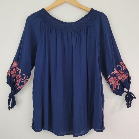 Unity World Wear Sz S Floral Navy Peasant Top Smocked 3/4 Sleeves Boho Blouse - Picture 8 of 11